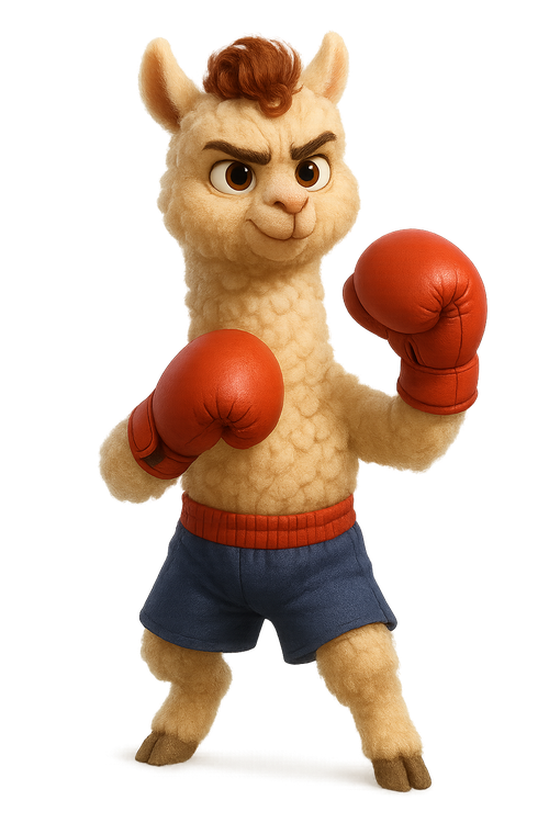 Alpaca wearing red boxing gloves